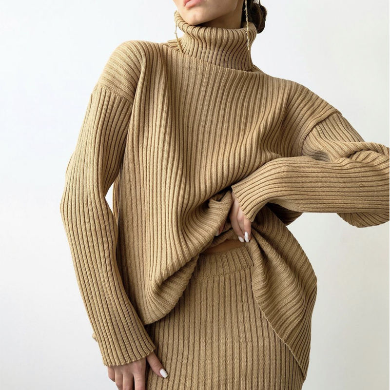 Winter New Fashion Custom Women\'s Warm Turtleeck Pullover Knitted Knitted Midi Squult 2 -Pan Ruit Sweter spódnicy