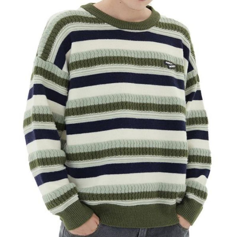 Sweter okrągły Sweetek z dzianinem w paski z długim rękawem dla mężczyzn i kobiet